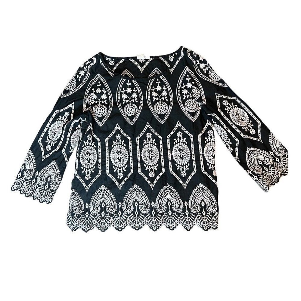 GAP Womens Black Ivory Embroidered Cotton 3/4 Sleeve Boho Tunic Top Sz XS